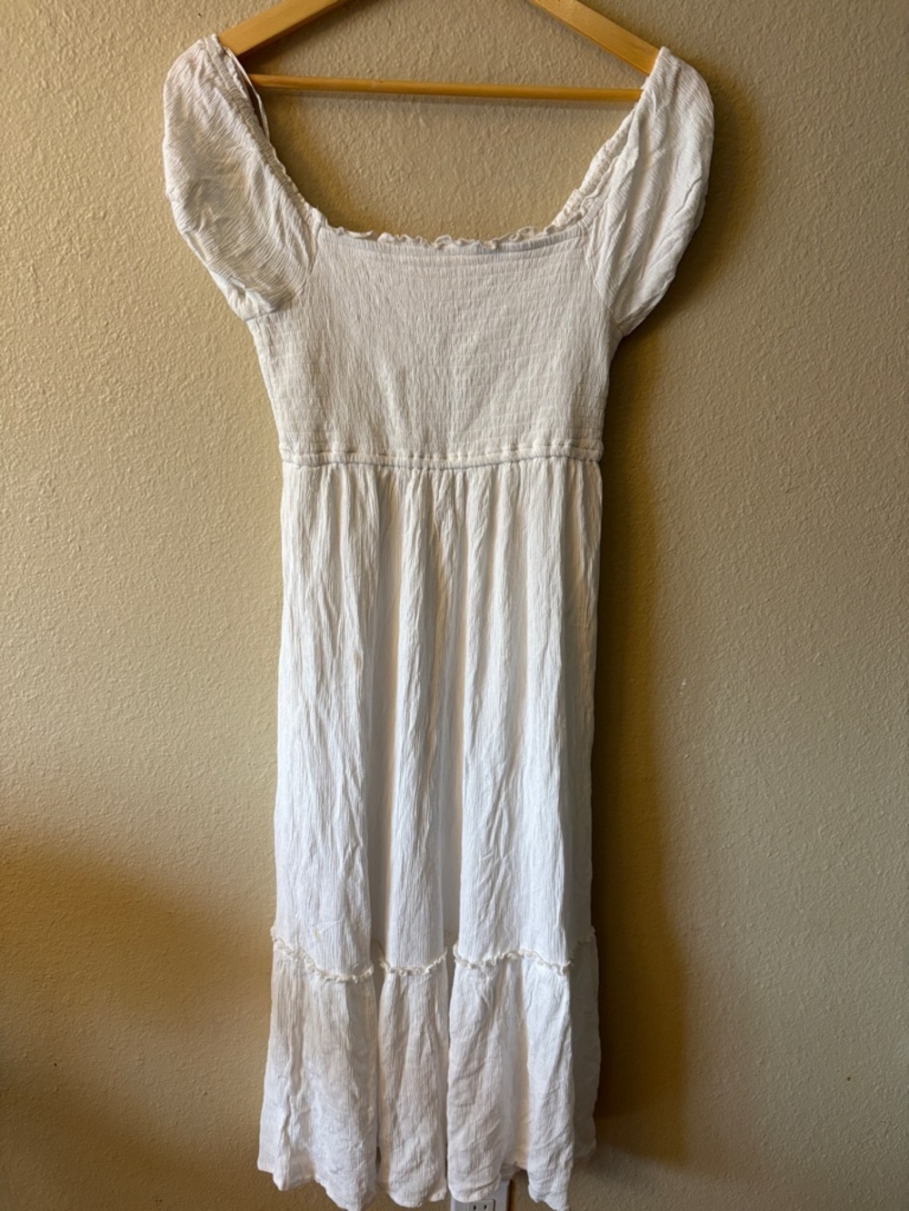 White Smocked Midi Dress Puff Sleeve Cottagecore Summer Dress M